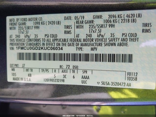 2019 Ford Escape Se მანქანა იყიდება აუქციონზე, vin: 1FMCU0GD2KUC06034, აუქციონის ნომერი: 46367299