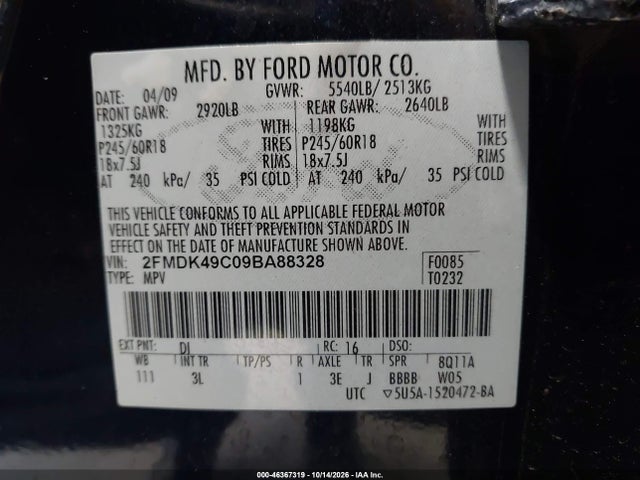 46367319 :رقم المزاد ، 2FMDK49C09BA88328 vin ، 2009 Ford Edge Limited مزاد بيع