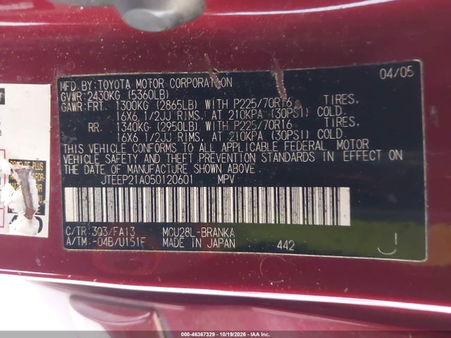 Продаж на аукціоні авто 2005 Toyota Highlander V6, vin: JTEEP21A050120601, номер лоту: 46367329
