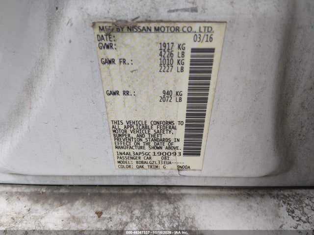 46367337 :رقم المزاد ، 1N4AL3AP5GC190093 vin ، 2016 Nissan Altima 2.5/2.5 S/2.5 Sl/2.5 Sr/2.5 Sv مزاد بيع