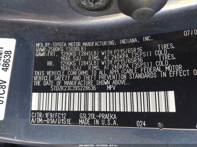 2009 Toyota Sienna Le მანქანა იყიდება აუქციონზე, vin: 5TDZK23C39S228636, აუქციონის ნომერი: 46367392