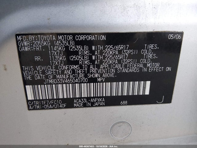 Aukcja sprzedaży 2006 Toyota Rav4, vin: JTMBD33V465040700, numer aukcji: 46367403