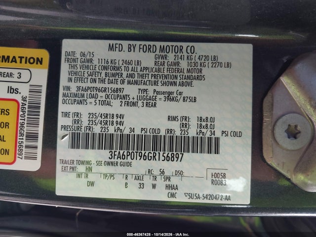 Продажа на аукционе авто 2016 Ford Fusion Se, vin: 3FA6P0T96GR156897, номер лота: 46367428