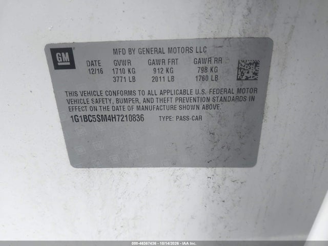 46367436 :رقم المزاد ، 1G1BC5SM4H7210836 vin ، 2017 Chevrolet Cruze Ls Auto مزاد بيع