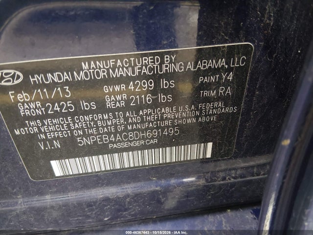 Продажа на аукционе авто 2013 Hyundai Sonata Gls, vin: 5NPEB4AC8DH691495, номер лота: 46367443