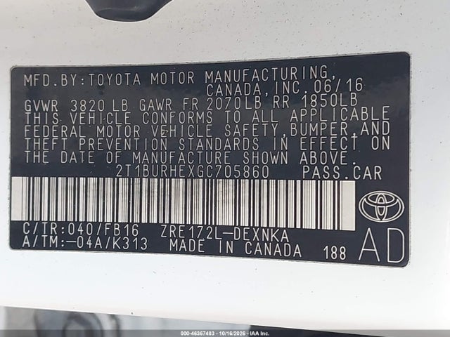 2T1BURHEXGC705860 Toyota COROLLA LE