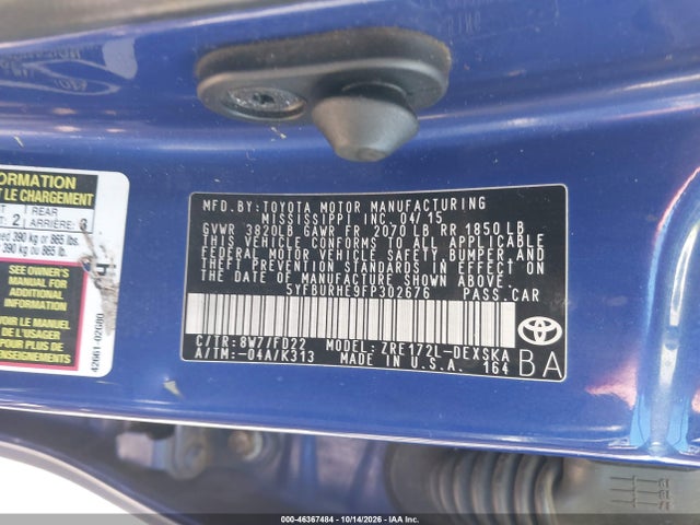 46367484 :رقم المزاد ، 5YFBURHE9FP302676 vin ، 2015 Toyota Corolla S/s Plus/s Premium مزاد بيع