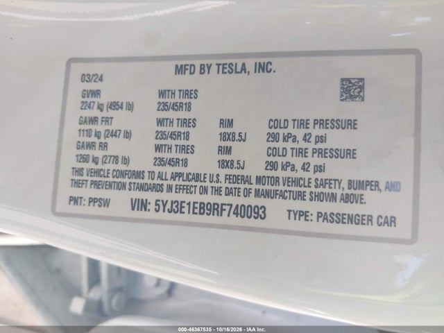 46367535 :رقم المزاد ، 5YJ3E1EB9RF740093 vin ، 2024 Tesla Model 3 Long Range Dual Motor All-wheel Drive مزاد بيع