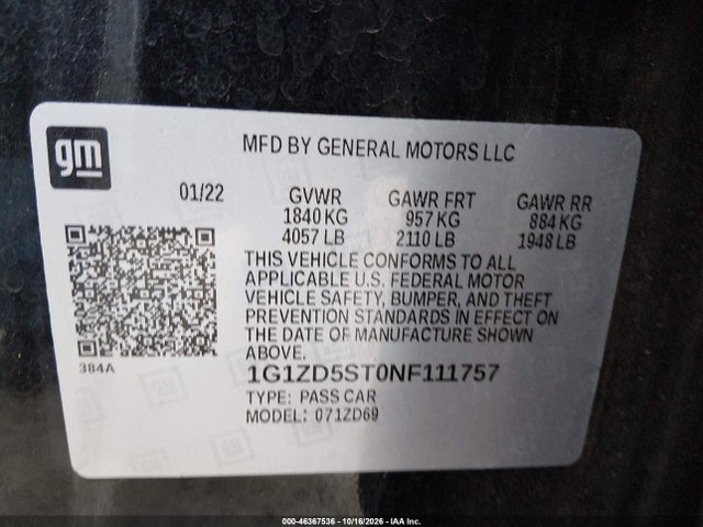 46367536 :رقم المزاد ، 1G1ZD5ST0NF111757 vin ، 2022 Chevrolet Malibu Fwd Lt مزاد بيع