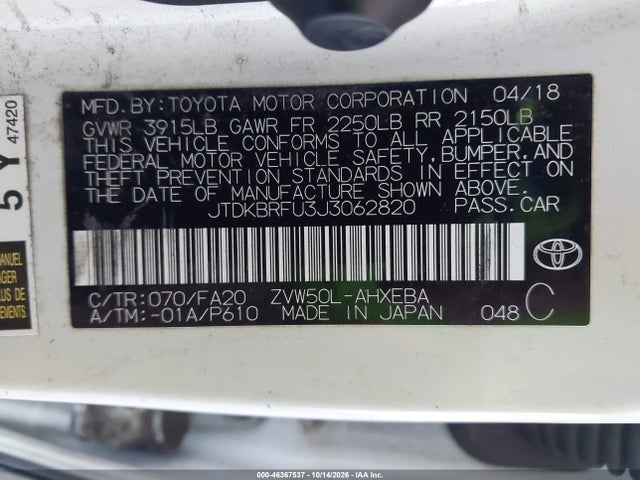 46367537 :رقم المزاد ، JTDKBRFU3J3062820 vin ، 2018 Toyota Prius Two مزاد بيع