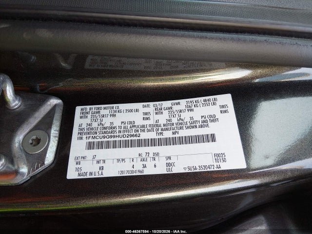 Продаж на аукціоні авто 2017 Ford Escape Se, vin: 1FMCU9G99HUD29662, номер лоту: 46367594