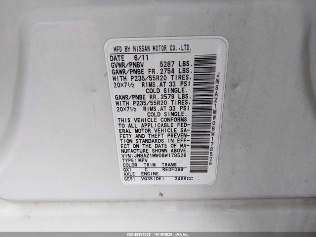 Продаж на аукціоні авто 2011 Nissan Murano Le, vin: JN8AZ1MW0BW178526, номер лоту: 46367659