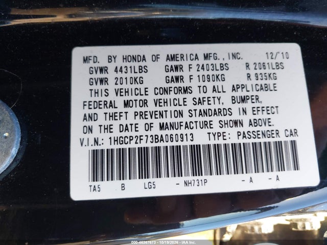 Продаж на аукціоні авто 2011 Honda Accord 2.4 Ex, vin: 1HGCP2F73BA060913, номер лоту: 46367673