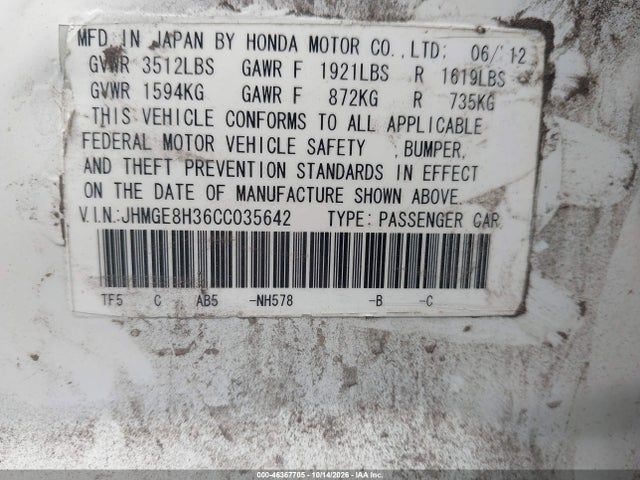 Auction sale of the 2012 Honda Fit, vin: JHMGE8H36CC035642, lot number: 46367705