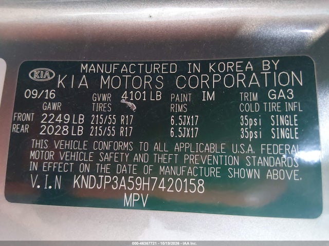 KIA SOUL + 2017 KNDJP3A59H7420158 Image 9
