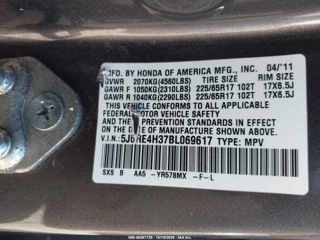 Продаж на аукціоні авто 2011 Honda Cr-v Lx, vin: 5J6RE4H37BL069617, номер лоту: 46367729