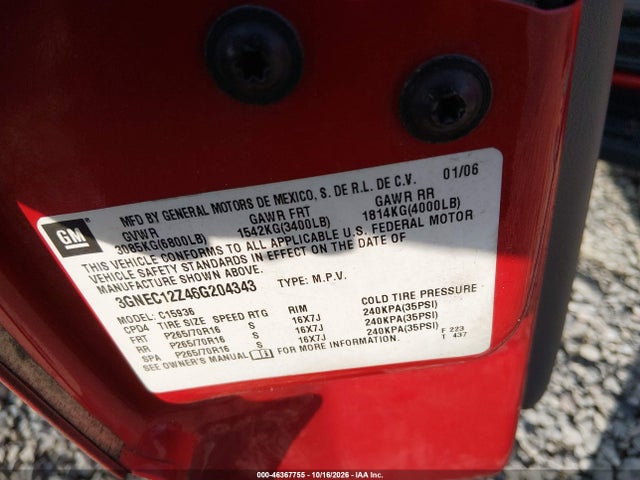 2006 Chevrolet Avalanche 1500 Ls მანქანა იყიდება აუქციონზე, vin: 3GNEC12Z46G204343, აუქციონის ნომერი: 46367755
