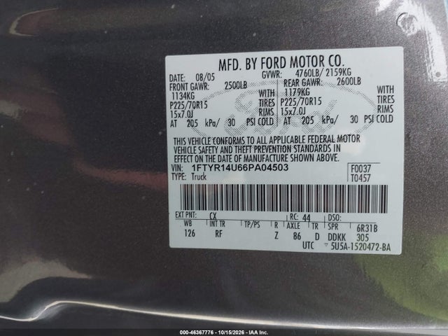 Продаж на аукціоні авто 2006 Ford Ranger Sport/stx/xl/xlt, vin: 1FTYR14U66PA04503, номер лоту: 46367776