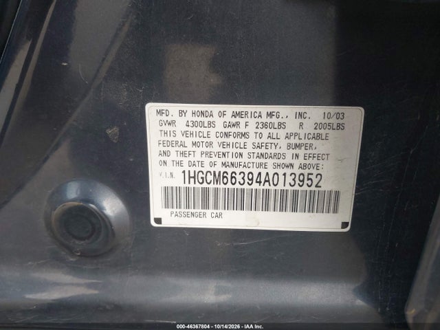 Auction sale of the 2004 Honda Accord 3.0 Lx, vin: 1HGCM66394A013952, lot number: 46367804
