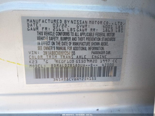 Aukcja sprzedaży 2022 Nissan Sentra Sv Xtronic Cvt, vin: 3N1AB8CV8NY254155, numer aukcji: 46367813