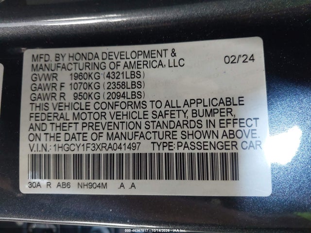 Продажа на аукционе авто 2024 Honda Accord Ex, vin: 1HGCY1F3XRA041497, номер лота: 46367817