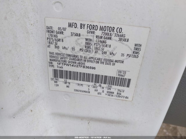 Продажа на аукционе авто 2007 Ford F-150 Fx4/lariat/xlt, vin: 1FTPW14V27FB36596, номер лота: 46367820