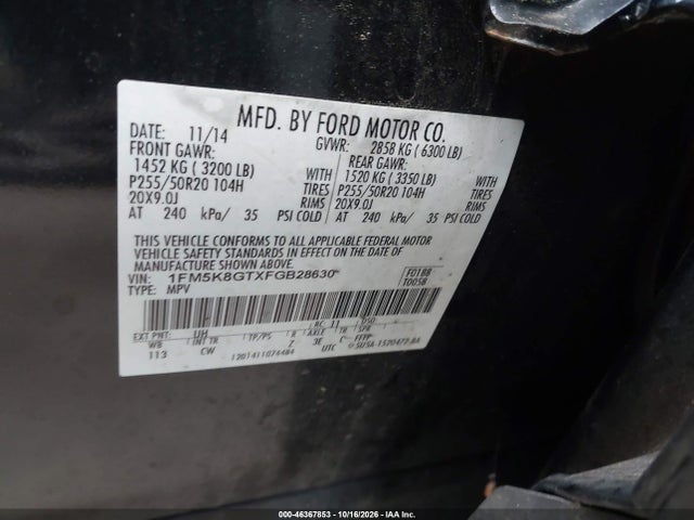 46367853 :رقم المزاد ، 1FM5K8GTXFGB28630 vin ، 2015 Ford Explorer Sport مزاد بيع