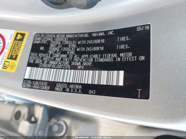 46367858 :رقم المزاد ، 5TDBZRFHXJS872376 vin ، 2018 Toyota Highlander Le Plus مزاد بيع
