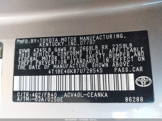 Продаж на аукціоні авто 2007 Toyota Camry Le, vin: 4T1BE46K87U728545, номер лоту: 46367907