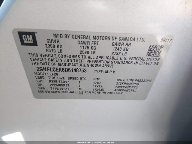 Aukcja sprzedaży 2013 Chevrolet Equinox Ls, vin: 2GNFLCEK6D6148753, numer aukcji: 46367977