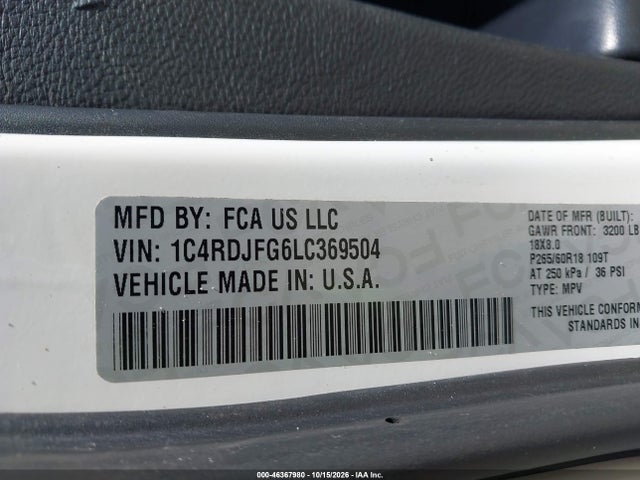 46367980 :رقم المزاد ، 1C4RDJFG6LC369504 vin ، 2020 Dodge Durango Pursuit Awd مزاد بيع