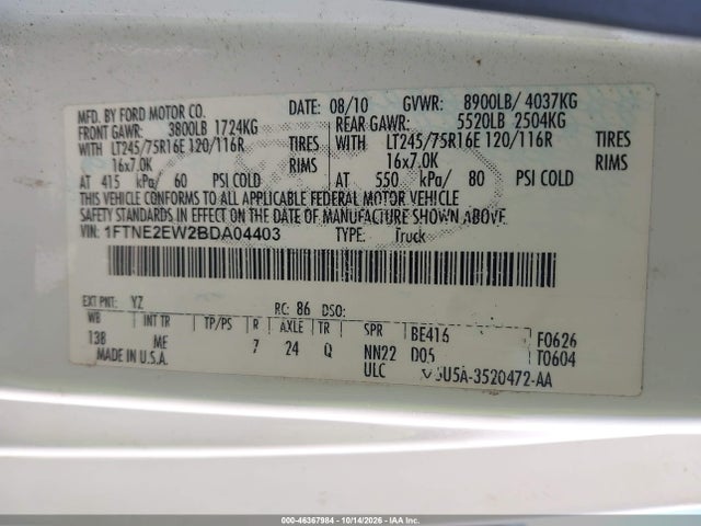 Aukcja sprzedaży 2011 Ford E-250 Commercial, vin: 1FTNE2EW2BDA04403, numer aukcji: 46367984