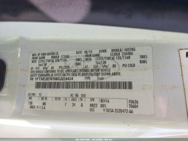 2011 Ford E-250 Commercial მანქანა იყიდება აუქციონზე, vin: 1FTNE2EWXBDA04424, აუქციონის ნომერი: 46367996