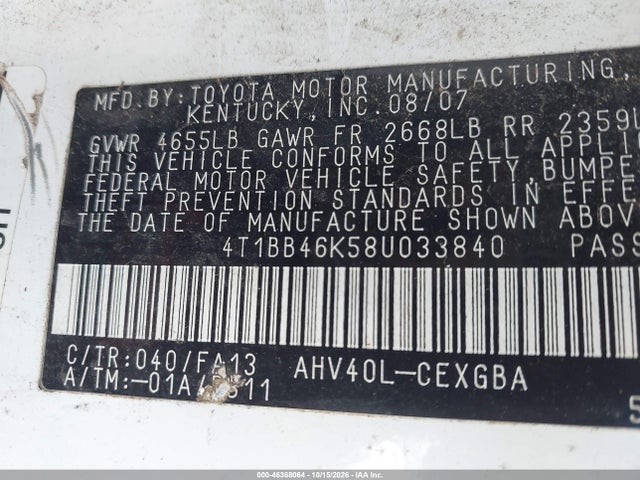 46368064 :رقم المزاد ، 4T1BB46K58U033840 vin ، 2008 Toyota Camry Hybrid مزاد بيع