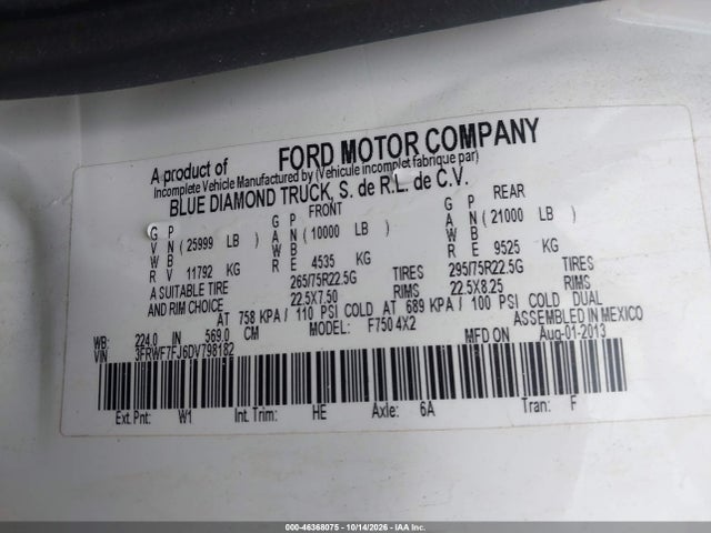 Продаж на аукціоні авто 2013 Ford F-750, vin: 3FRWF7FJ6DV798182, номер лоту: 46368075