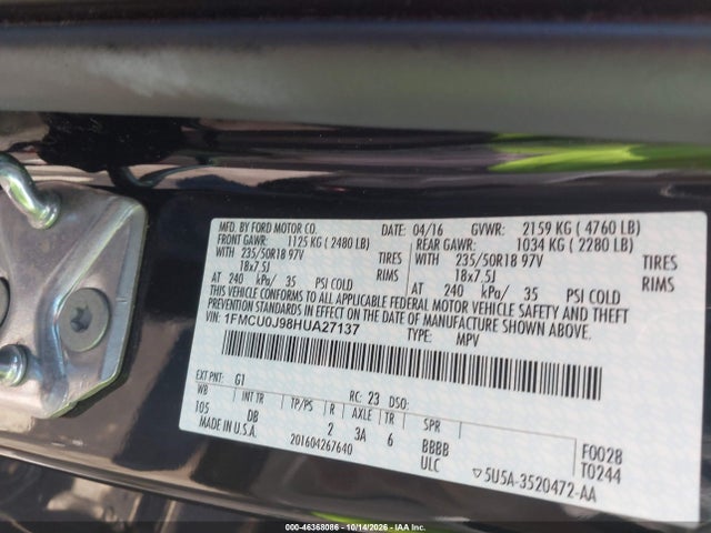 Aukcja sprzedaży 2017 Ford Escape Titanium, vin: 1FMCU0J98HUA27137, numer aukcji: 46368086