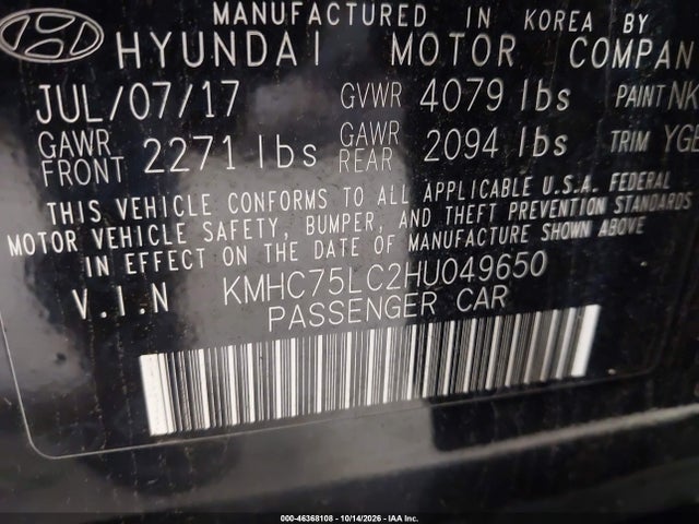 Aukcja sprzedaży 2017 Hyundai Ioniq Hybrid Sel, vin: KMHC75LC2HU049650, numer aukcji: 46368108