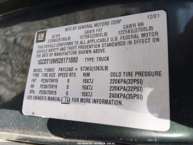 Aukcja sprzedaży 2002 Chevrolet S-10 Ls, vin: 1GCDT19W628171880, numer aukcji: 46368124