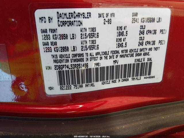 Продаж на аукціоні авто 2003 Dodge Grand Caravan Ex, vin: 2D8GP74L53R251406, номер лоту: 46368130