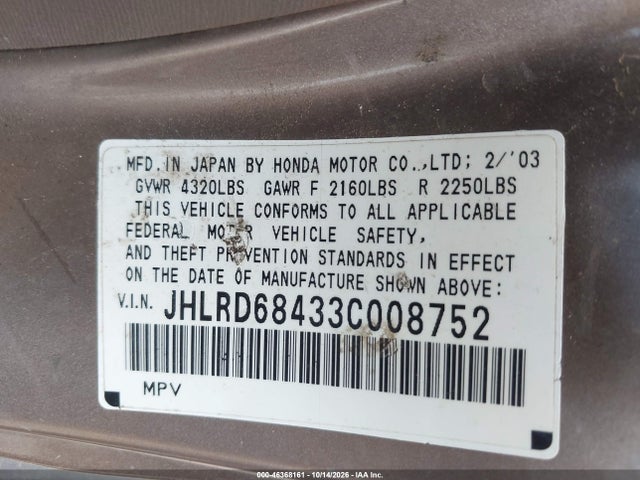 Aukcja sprzedaży 2003 Honda Cr-v Lx, vin: JHLRD68433C008752, numer aukcji: 46368161