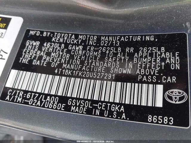 Auction sale of the 2013 Toyota Camry Xle V6, vin: 4T1BK1FK2DU527291, lot number: 46368213