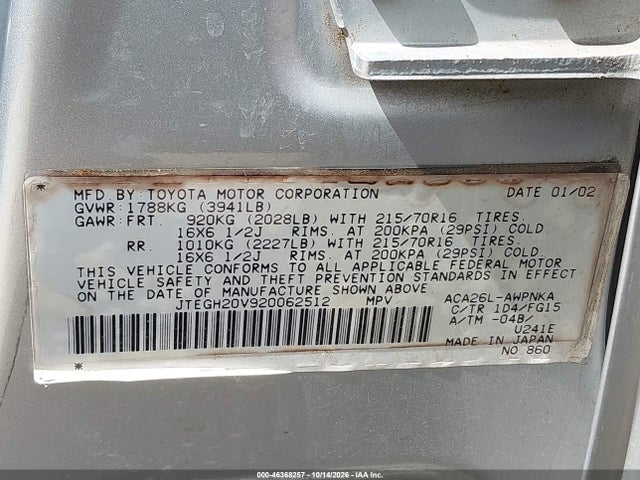 Aukcja sprzedaży 2002 Toyota Rav4, vin: JTEGH20V920062512, numer aukcji: 46368257