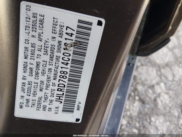 46368324 :رقم المزاد ، JHLRD78814C016147 vin ، 2004 Honda Cr-v Ex مزاد بيع