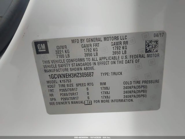 Aukcja sprzedaży 2017 Chevrolet Silverado 1500 Wt, vin: 1GCVKNEH3HZ305687, numer aukcji: 46368594