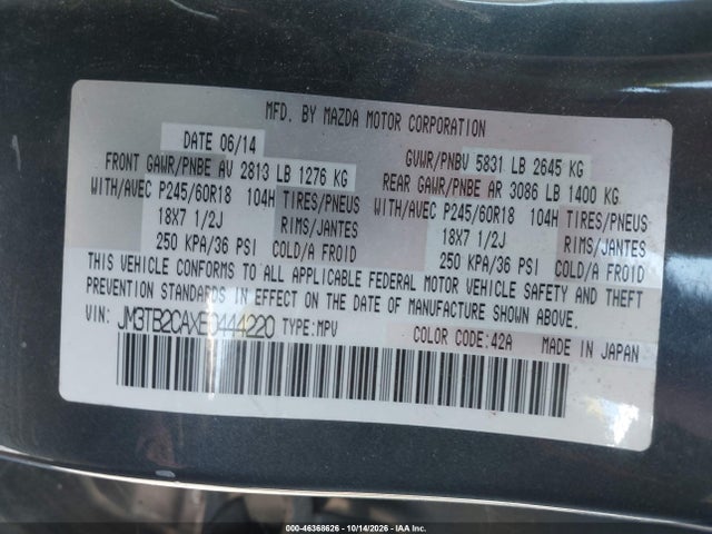 Aukcja sprzedaży 2014 Mazda Cx-9 Touring, vin: JM3TB2CAXE0444220, numer aukcji: 46368626
