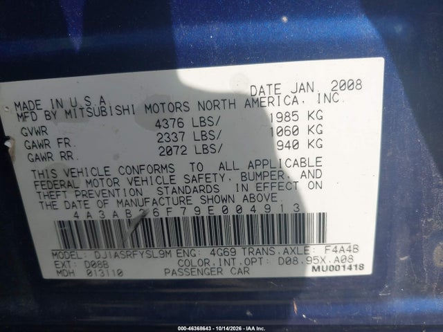 46368643 :رقم المزاد ، 4A3AB36F79E004913 vin ، 2009 Mitsubishi Galant Es/sport Edition مزاد بيع