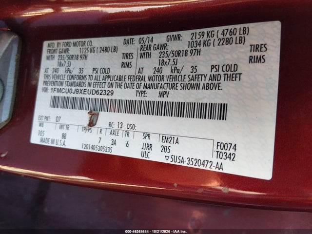 2014 Ford Escape Titanium მანქანა იყიდება აუქციონზე, vin: 1FMCU0J9XEUD62329, აუქციონის ნომერი: 46368684