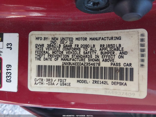 Aukcja sprzedaży 2010 Toyota Corolla S, vin: 1NXBU4EE0AZ354678, numer aukcji: 46368703