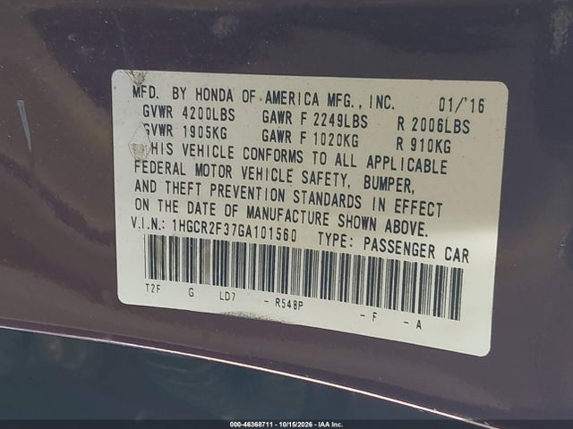 Auction sale of the 2016 Honda Accord Lx, vin: 1HGCR2F37GA101560, lot number: 46368711