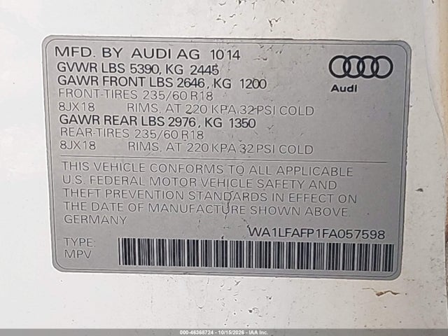 Продажа на аукционе авто 2015 Audi Q5 2.0t Premium, vin: WA1LFAFP1FA057598, номер лота: 46368724